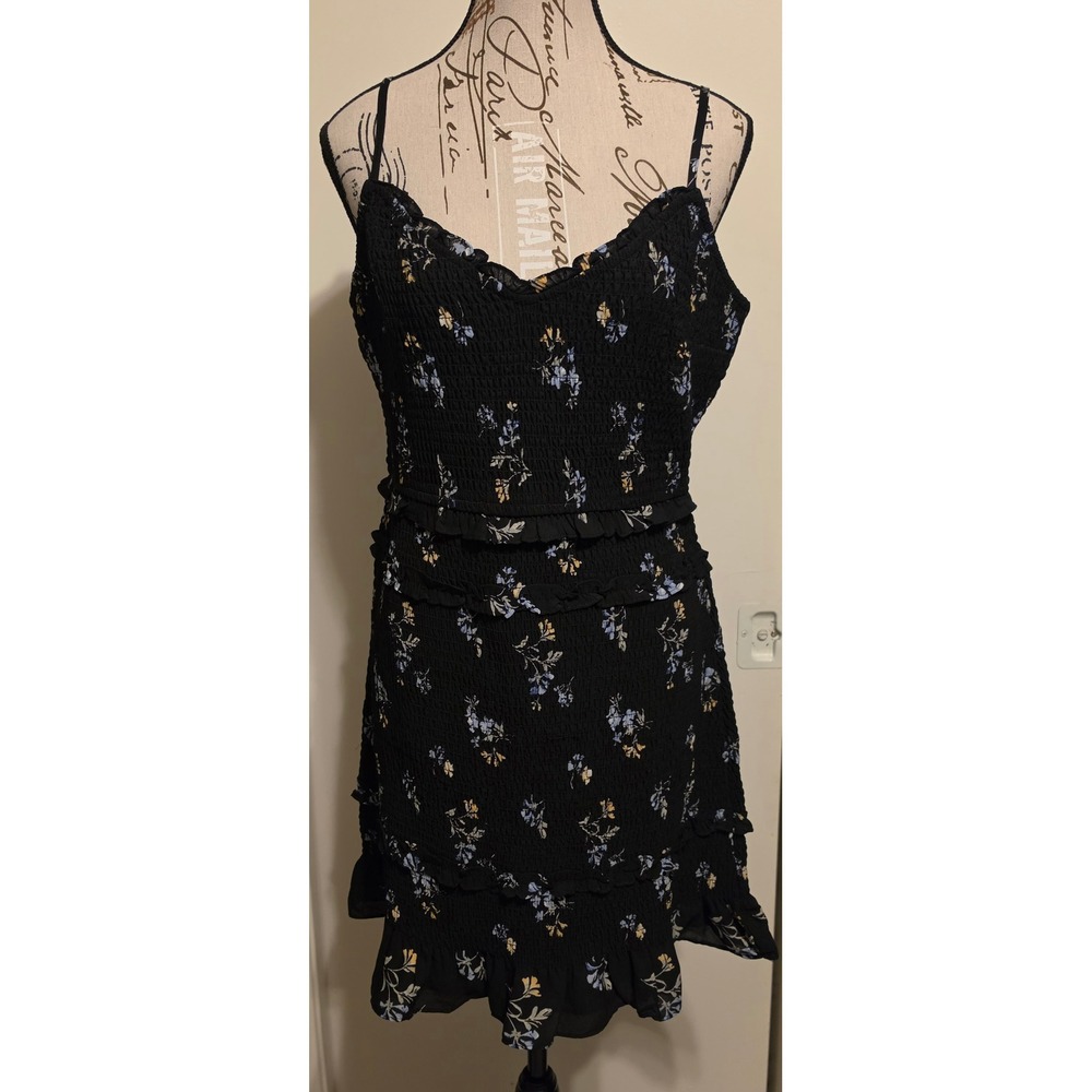 Abercrombie & Fitch Smocked Mini Dress XL Black Floral Ruffle Tiered Sweetheart